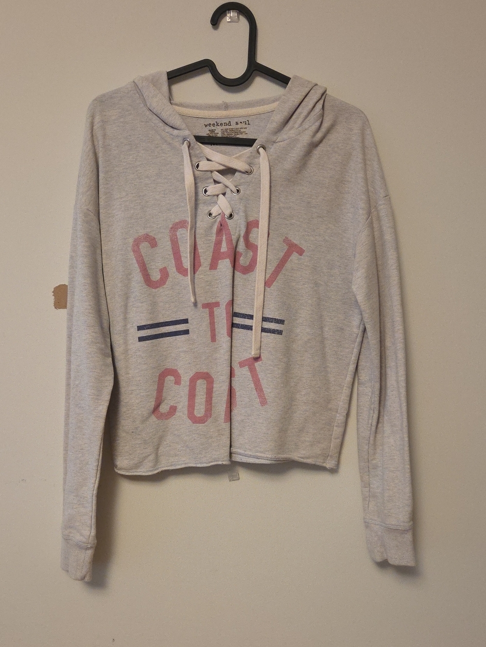 Weekend & Co. Lace-Up Crop Hoodie - Light Gray with Pink Print